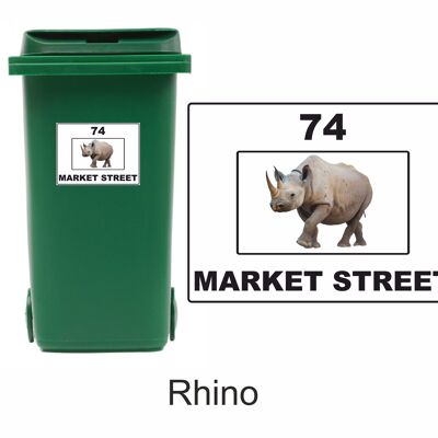 3 x Animal Themed Wheelie Bin Stickers, Address Sign, House Home or Business, Door Number Road Name Sticker, A5 or A4 Size - A5 (210mm x 147mm) - Rhino