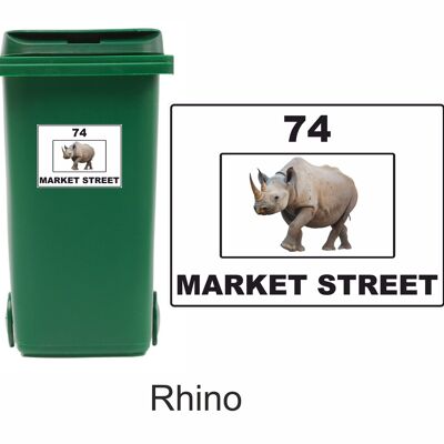 3 x Animal Themed Wheelie Bin Stickers, Address Sign, House Home or Business, Door Number Road Name Sticker, A5 or A4 Size - A5 (210mm x 147mm) - Rhino