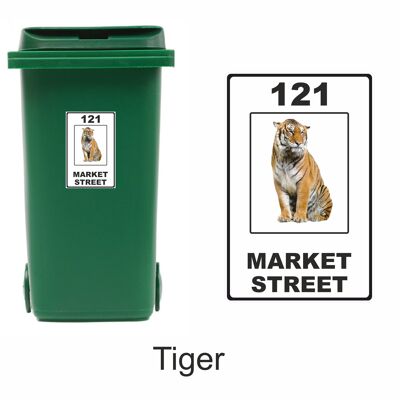 3 x Animal Themed Wheelie Bin Stickers, Address Sign, House Home or Business, Door Number Road Name Sticker, A5 or A4 Size - A5 (210mm x 147mm) - Tiger