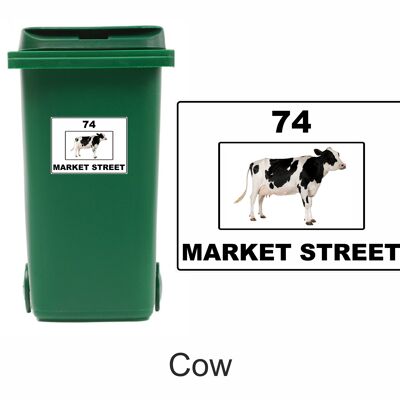 3 x Animal Themed Wheelie Bin Stickers, Address Sign, House Home or Business, Door Number Road Name Sticker, A5 or A4 Size - A4 (297mm x 210mm) - Cow