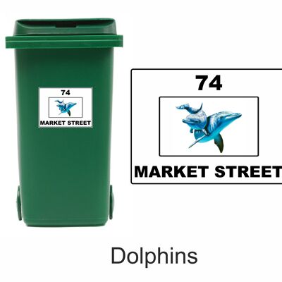 3 x Animal Themed Wheelie Bin Stickers, Address Sign, House Home or Business, Door Number Road Name Sticker, A5 or A4 Size - A4 (297mm x 210mm) - Dolphin