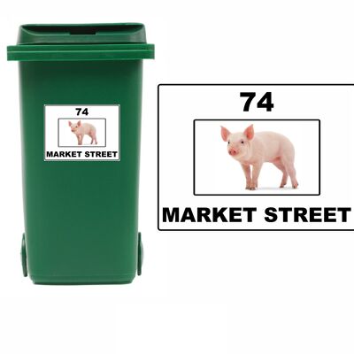 3 x Animal Themed Wheelie Bin Stickers, Address Sign, House Home or Business, Door Number Road Name Sticker, A5 or A4 Size - A4 (297mm x 210mm) - Pig