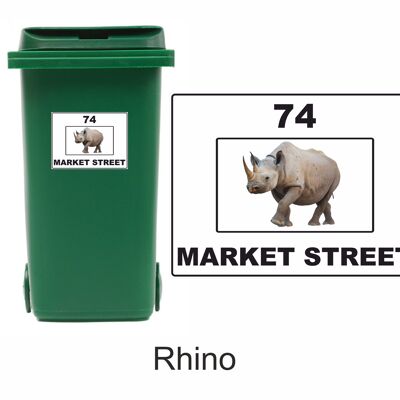 3 x Animal Themed Wheelie Bin Stickers, Address Sign, House Home or Business, Door Number Road Name Sticker, A5 or A4 Size - A4 (297mm x 210mm) - Rhino