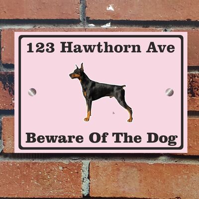 Beware of The Dog, Doberman German Shepherd Pitbull Rottweiler, Address Sign For House Home or Business, Door Number Road Name Plaque, in A5 or A4 Size - A5 (210mm x 147mm) - Baby Pink - Doberman