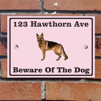 Beware of The Dog, Doberman German Shepherd Pitbull Rottweiler, Address Sign For House Home or Business, Door Number Road Name Plaque, in A5 or A4 Size - A5 (210mm x 147mm) - Baby Pink - German Shepherd