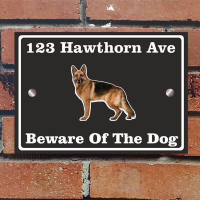 Beware of The Dog, Doberman German Shepherd Pitbull Rottweiler, Address Sign For House Home or Business, Door Number Road Name Plaque, in A5 or A4 Size - A5 (210mm x 147mm) - Black - German Shepherd