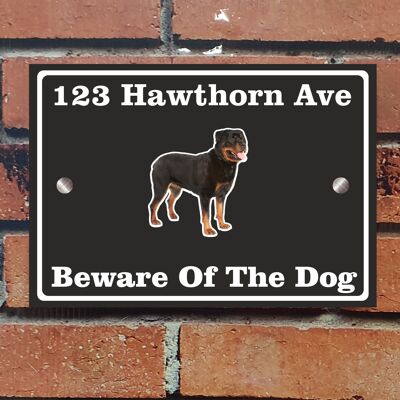 Beware of The Dog, Doberman German Shepherd Pitbull Rottweiler, Address Sign For House Home or Business, Door Number Road Name Plaque, in A5 or A4 Size - A5 (210mm x 147mm) - Black - Rottweiler