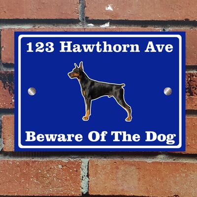 Beware of The Dog, Doberman German Shepherd Pitbull Rottweiler, Address Sign For House Home or Business, Door Number Road Name Plaque, in A5 or A4 Size - A5 (210mm x 147mm) - Blue - Doberman