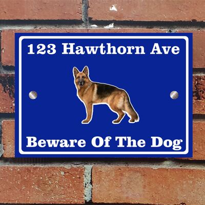 Beware of The Dog, Doberman German Shepherd Pitbull Rottweiler, Address Sign For House Home or Business, Door Number Road Name Plaque, in A5 or A4 Size - A5 (210mm x 147mm) - Blue - German Shepherd