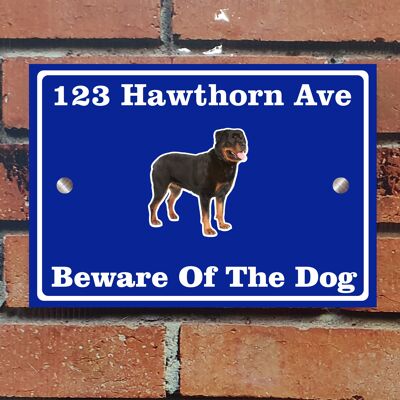 Beware of The Dog, Doberman German Shepherd Pitbull Rottweiler, Address Sign For House Home or Business, Door Number Road Name Plaque, in A5 or A4 Size - A5 (210mm x 147mm) - Blue - Rottweiler