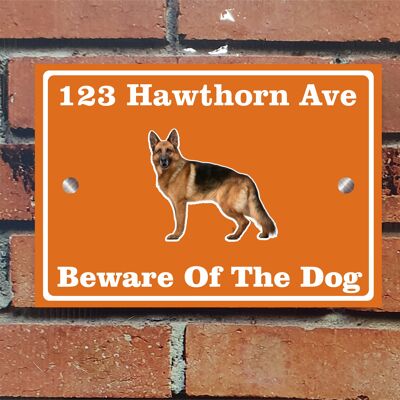 Beware of The Dog, Doberman German Shepherd Pitbull Rottweiler, Address Sign For House Home or Business, Door Number Road Name Plaque, in A5 or A4 Size - A5 (210mm x 147mm) - Orange - German Shepherd