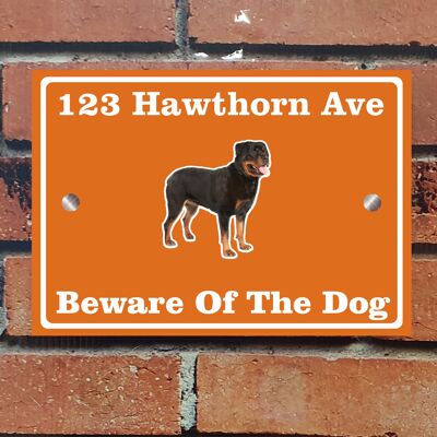 Beware of The Dog, Doberman German Shepherd Pitbull Rottweiler, Address Sign For House Home or Business, Door Number Road Name Plaque, in A5 or A4 Size - A5 (210mm x 147mm) - Orange - Rottweiler
