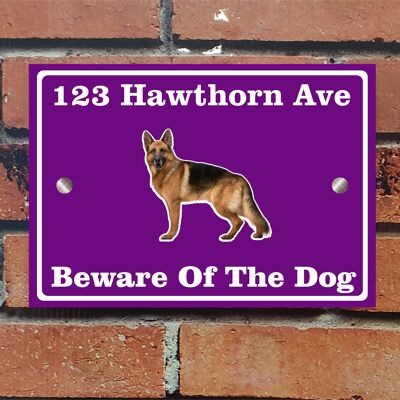 Beware of The Dog, Doberman German Shepherd Pitbull Rottweiler, Address Sign For House Home or Business, Door Number Road Name Plaque, in A5 or A4 Size - A5 (210mm x 147mm) - Purple - German Shepherd