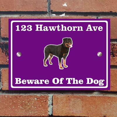 Beware of The Dog, Doberman German Shepherd Pitbull Rottweiler, Address Sign For House Home or Business, Door Number Road Name Plaque, in A5 or A4 Size - A5 (210mm x 147mm) - Purple - Rottweiler