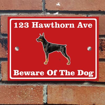 Beware of The Dog, Doberman German Shepherd Pitbull Rottweiler, Address Sign For House Home or Business, Door Number Road Name Plaque, in A5 or A4 Size - A5 (210mm x 147mm) - Red - Doberman