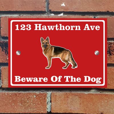 Beware of The Dog, Doberman German Shepherd Pitbull Rottweiler, Address Sign For House Home or Business, Door Number Road Name Plaque, in A5 or A4 Size - A5 (210mm x 147mm) - Red - German Shepherd