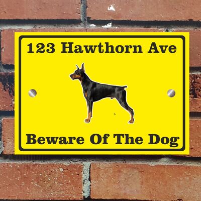 Beware of The Dog, Doberman German Shepherd Pitbull Rottweiler, Address Sign For House Home or Business, Door Number Road Name Plaque, in A5 or A4 Size - A5 (210mm x 147mm) - Yellow - Doberman