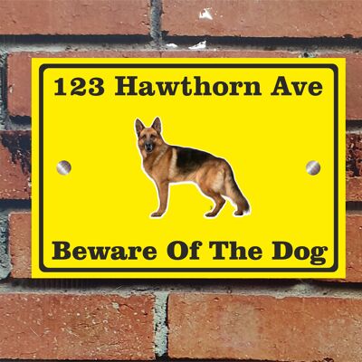 Beware of The Dog, Doberman German Shepherd Pitbull Rottweiler, Address Sign For House Home or Business, Door Number Road Name Plaque, in A5 or A4 Size - A5 (210mm x 147mm) - Yellow - German Shepherd