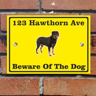 Beware of The Dog, Doberman German Shepherd Pitbull Rottweiler, Address Sign For House Home or Business, Door Number Road Name Plaque, in A5 or A4 Size - A5 (210mm x 147mm) - Yellow - Rottweiler