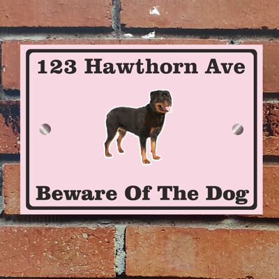 Beware of The Dog, Doberman German Shepherd Pitbull Rottweiler, Address Sign For House Home or Business, Door Number Road Name Plaque, in A5 or A4 Size - A4 (297mm x 210mm) - Baby Pink - Rottweiler