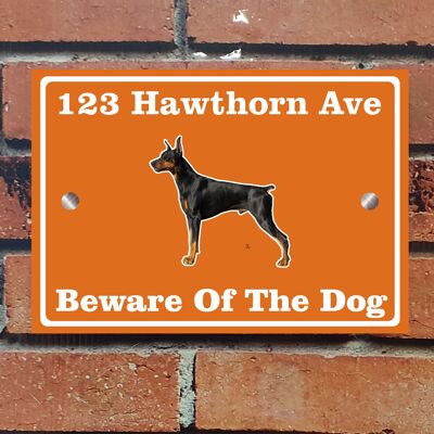 Beware of The Dog, Doberman German Shepherd Pitbull Rottweiler, Address Sign For House Home or Business, Door Number Road Name Plaque, in A5 or A4 Size - A4 (297mm x 210mm) - Orange - Doberman