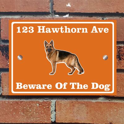 Beware of The Dog, Doberman German Shepherd Pitbull Rottweiler, Address Sign For House Home or Business, Door Number Road Name Plaque, in A5 or A4 Size - A4 (297mm x 210mm) - Orange - German Shepherd