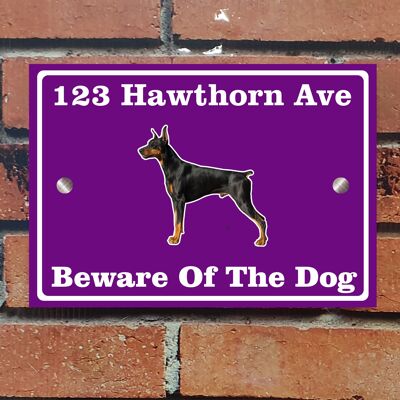 Beware of The Dog, Doberman German Shepherd Pitbull Rottweiler, Address Sign For House Home or Business, Door Number Road Name Plaque, in A5 or A4 Size - A4 (297mm x 210mm) - Purple - Doberman