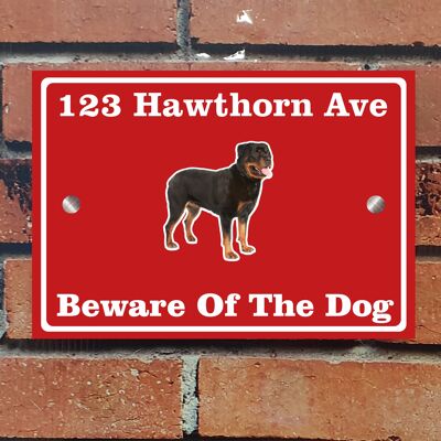 Beware of The Dog, Doberman German Shepherd Pitbull Rottweiler, Address Sign For House Home or Business, Door Number Road Name Plaque, in A5 or A4 Size - A4 (297mm x 210mm) - Red - Rottweiler