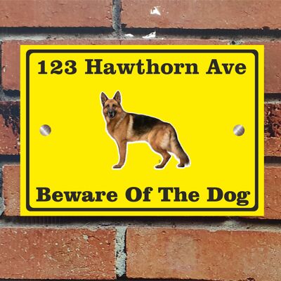 Beware of The Dog, Doberman German Shepherd Pitbull Rottweiler, Address Sign For House Home or Business, Door Number Road Name Plaque, in A5 or A4 Size - A4 (297mm x 210mm) - Yellow - German Shepherd