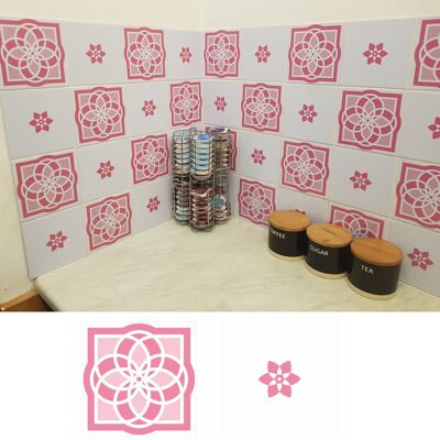 Mosaic Tile Stickers, Pink, Pack Of 16, All Sizes, Waterproof, Transfers For Kitchen / Bathroom Tiles P07 - 100mm x 100mm - 4 x 4 Inch - 8 Of Each Pattern