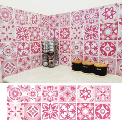 Mosaic Tile Stickers, Pink, Pack Of 24, All Sizes, Waterproof, Azulejo Transfers For Kitchen / Bathroom Tiles P08 - 100mm x 100mm - 4 x 4 Inch - 2 Of Each Pattern