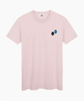 T-SHIRT UNISEXE CRÈME ROSE LOGOS NOIR ET BLEU 1