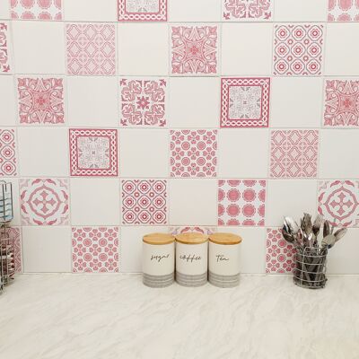 Mosaic Tile Stickers, Pack Of 16, All Sizes, Pink, Waterproof, Transfers For Kitchen / Bathroom Tiles P03 - 100mm x 100mm - 4 x 4 Inch - 2 Of Each Pattern