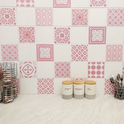 Mosaic Tile Stickers, Pack Of 16, All Sizes, Pink, Waterproof, Transfers For Kitchen / Bathroom Tiles P03 - 150mm x 150mm - 6 x 6 Inch - 2 Of Each Pattern