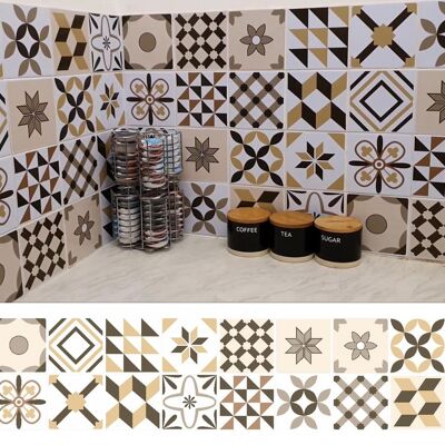 Mosaic Tile Stickers, Brown, Pack Of 16, All Sizes, Waterproof, Azulejo Transfers For Kitchen / Bathroom Tiles BB03 - 100mm x 100mm - 4 x 4 Inch - 1 Of Each Pattern