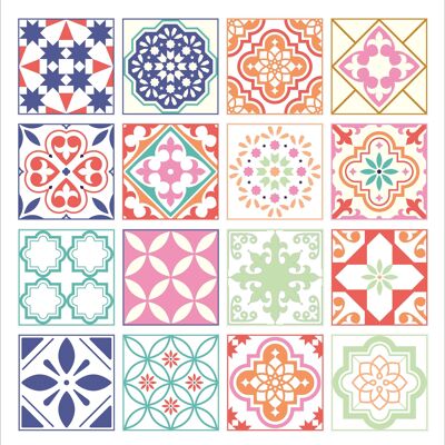 Mosaic Tile Stickers, Pack Of 16, All Sizes, Waterproof, Azulejo Transfers For Kitchen / Bathroom Tiles GT27 - 100mm x 100mm - 4 x 4 Inch - 1 Of Each Pattern