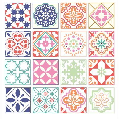 Mosaic Tile Stickers, Pack Of 16, All Sizes, Waterproof, Azulejo Transfers For Kitchen / Bathroom Tiles GT27 - 100mm x 100mm - 4 x 4 Inch - 1 Of Each Pattern