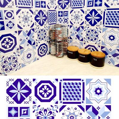 Mosaic Tile Stickers, Pack Of 16, All Sizes, Waterproof, Blue Transfers For Kitchen / Bathroom Tiles BL04 - 100mm x 100mm - 4 x 4 Inch - 2 Of Each Pattern