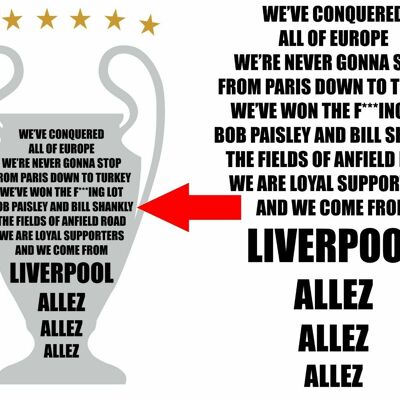 Allez Allez Allez + European Cup + 6 Stars Wall Art Decal For Wall / Window etc - 1 metre x 550mm