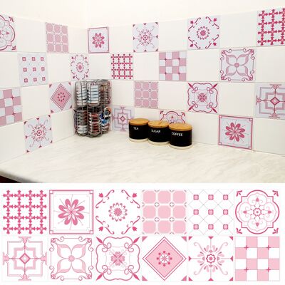 Mosaic Tile Stickers, Pink, Pack Of 24, All Sizes, Waterproof, Azulejo Transfers For Kitchen / Bathroom Tiles P06 - 145mm x 145mm - 2 Of Each Pattern