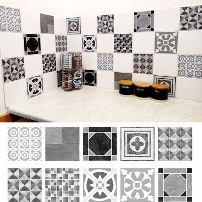 Mosaic Tile Stickers Grey, Pack Of 20, All Sizes, Waterproof, Transfers For Kitchen / Bathroom Tiles G05 - 100mm x 100mm - 4 x 4 Inch - 2 Of Each Pattern