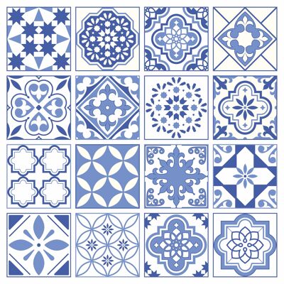 Mosaic Tile Stickers, Pack Of 16, All Sizes, Waterproof, Azulejo Transfers For Kitchen / Bathroom Tiles GT28 - 100mm x 100mm - 4 x 4 Inch - 1 Of Each Pattern