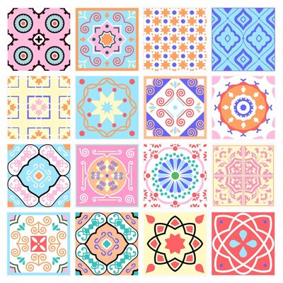 Mosaic Tile Stickers, Pack Of 16, All Sizes, Waterproof, Azulejo Transfers For Kitchen / Bathroom Tiles GT05 - 100mm x 100mm - 4 x 4 Inch - 1 Of Each Pattern