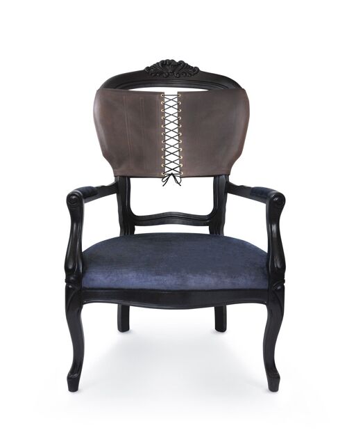 Corset Armchair Brown leather back & Charcoal velvet seat