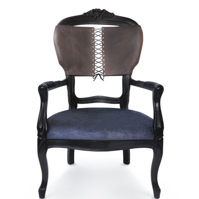 Corset Armchair Brown leather back & Charcoal velvet seat