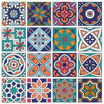 Mosaic Tile Stickers, Pack Of 16, All Sizes, Waterproof, Azulejo Transfers For Kitchen / Bathroom Tiles GT13 - 100mm x 100mm - 4 x 4 Inch - 1 Of Each Pattern