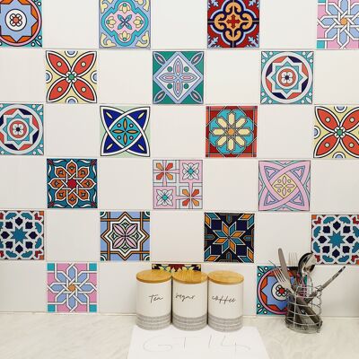 Mosaic Tile Stickers, Pack Of 16, All Sizes, Waterproof, Azulejo Transfers For Kitchen / Bathroom Tiles GT14 - 100mm x 100mm - 4 x 4 Inch - 1 Of Each Pattern