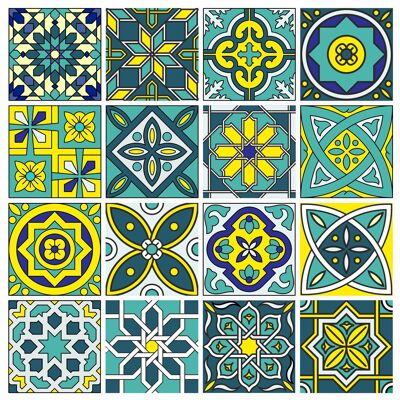 Mosaic Tile Stickers, Pack Of 16, All Sizes, Waterproof, Azulejo Transfers For Kitchen / Bathroom Tiles GT15 - 100mm x 100mm - 4 x 4 Inch - 1 Of Each Pattern