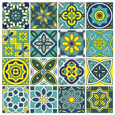 Mosaic Tile Stickers, Pack Of 16, All Sizes, Waterproof, Azulejo Transfers For Kitchen / Bathroom Tiles GT15 - 150mm x 150mm - 6 x 6 Inch - 1 Of Each Pattern