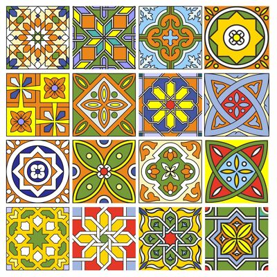 Mosaic Tile Stickers, Pack Of 16, All Sizes, Waterproof, Azulejo Transfers For Kitchen / Bathroom Tiles GT16 - 100mm x 100mm - 4 x 4 Inch - 1 Of Each Pattern